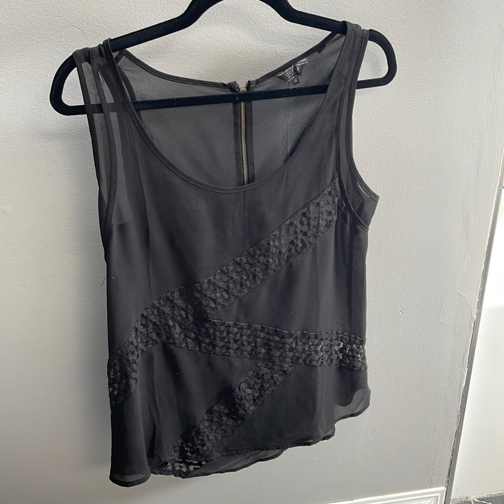 Guess Sheer Tank Top With Lace Detail (Black, Size Small)